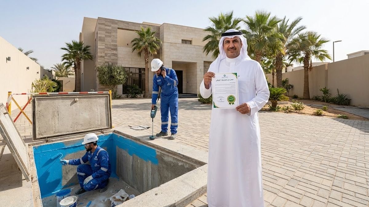 فنيو التقنية الحديثة أثناء إصلاح ماسورة مياه واختبار الضغط بالرياض