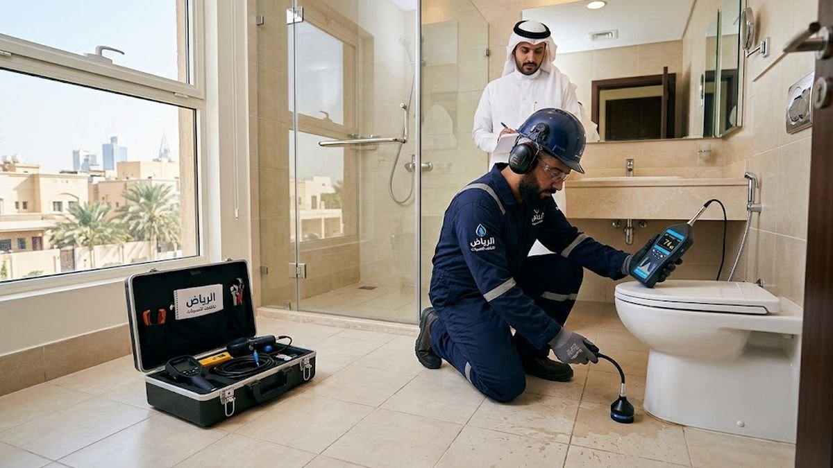 فني يستخدم كاميرا حرارية لكشف تسرب داخل حمام فيلا بالرياض بدون تكسير
