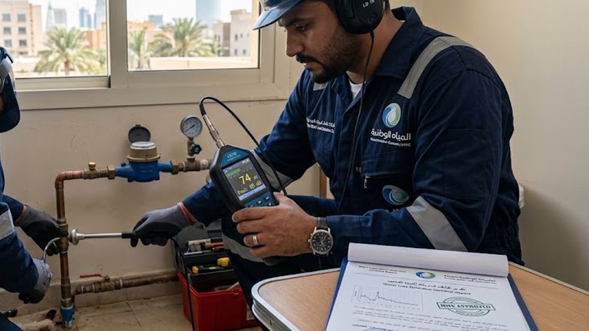 فريق التقنية الحديثة أثناء كشف تسربات المياه في فيلا بشمال الرياض