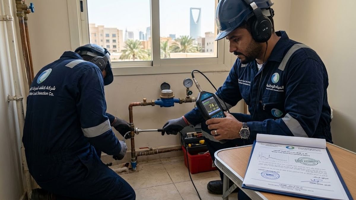 فريق التقنية الحديثة أثناء كشف تسربات المياه بأجهزة سماعية وحرارية في الرياض