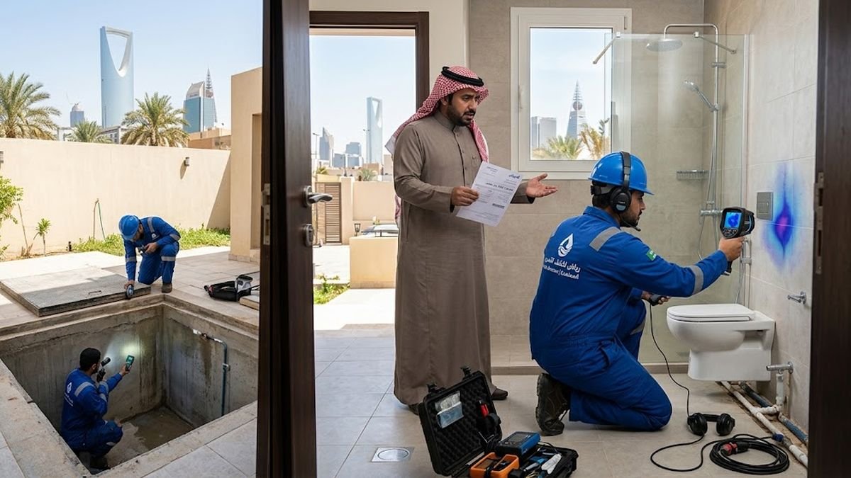 فني التقنية الحديثة يفحص شبكة الصرف الصحي بجهاز متخصص في حمام بالرياض